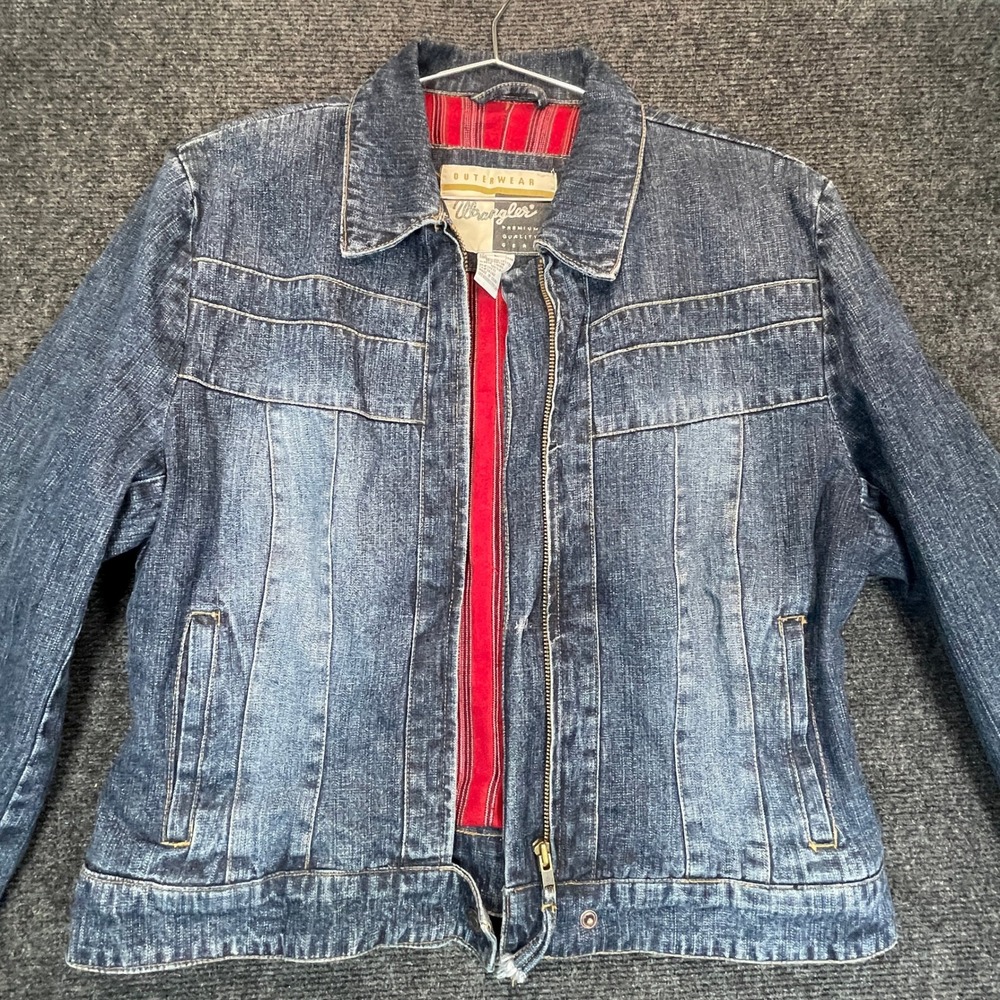 Wrangler Y2K Denim Jacket Womens L Flannel Lined Zip Western Moto Grunge Biker
